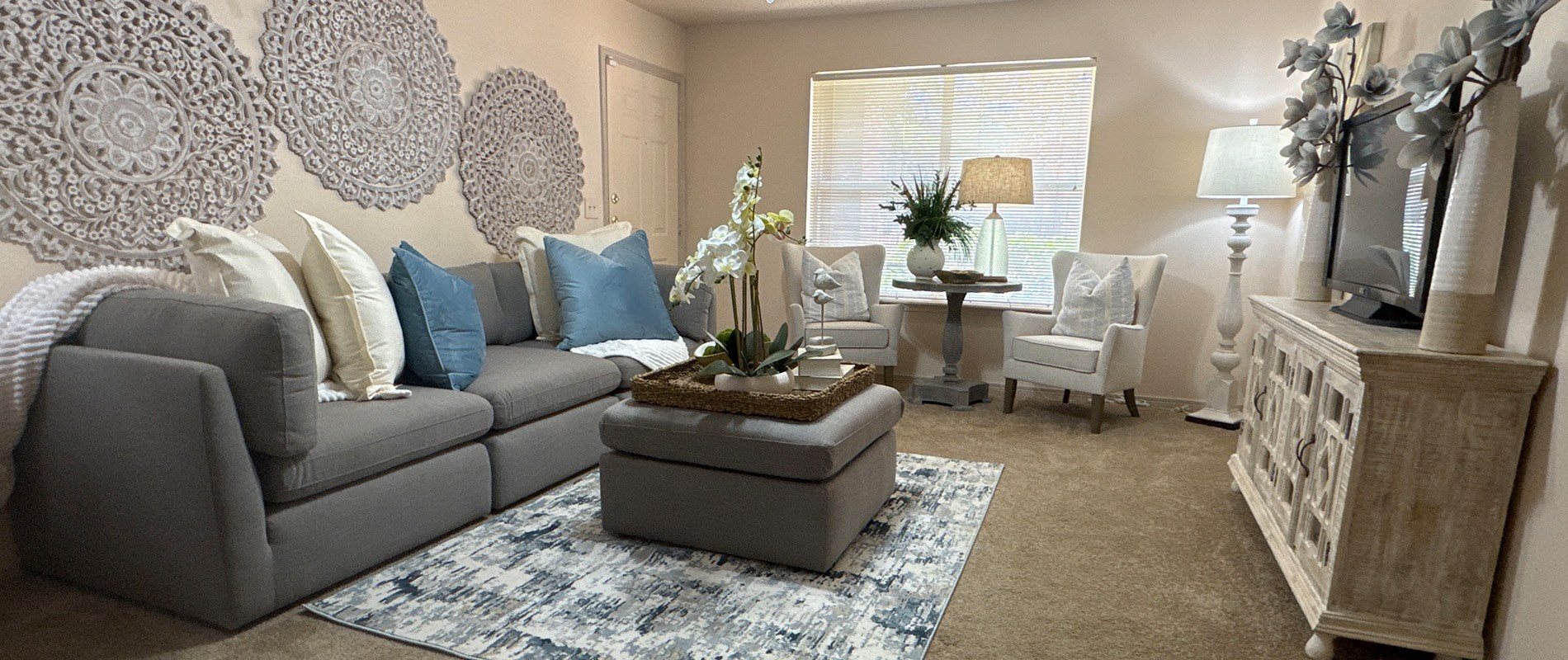 A living room with a grey couch, a coffee table, and a blue rug.